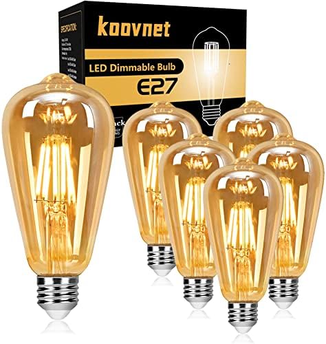 koovnet LED Edison Bulb, E27 Screw Antique Retro Style LED Bulbs 6W Vintage Edison Light Bulbs 60W Equivalent, Dimmable, LED Filament Bulb, 600LM, Amber Warm 2700K, 6 Pack