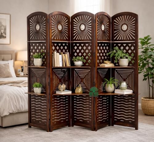 Image of Wooden Room Divider 6 Feet, 5-Panel Folding Wooden Partition for Living Room, Office, Pooja Room, Restaurant, Kitchen & Balcony