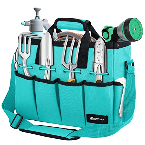 Roylvan Garten Werkzeugtasche mit Schultergurt, 14" Mehrzweck Aufbewahrungstasche mit 7 Fächern, 900D Polyester Tragetasche Wasserdicht Organizer Garten Tool Bag für Vatertags-Geschenk, See Blau Cover