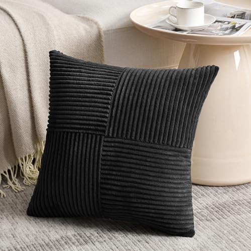 Image of Fancy Homi 2 Packs Black Decorative Throw Pillow Covers 22x22 Inch for Living Room Couch Bed Sofa, Rustic Farmhouse Boho Home Decor, Soft Corss Corduroy Patchwork Accent Square Cushion Case 55x55 cm