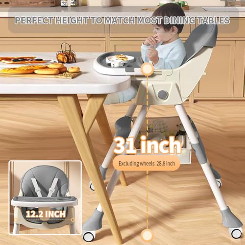 Image of High Chairs for Babies and Toddlers, 4 in 1 Convertible Baby High Chair, Portable High Chair for Travel with Adjustable Height and Back, Foldable HighChair with Wheels& Pu Cushion (Grey)