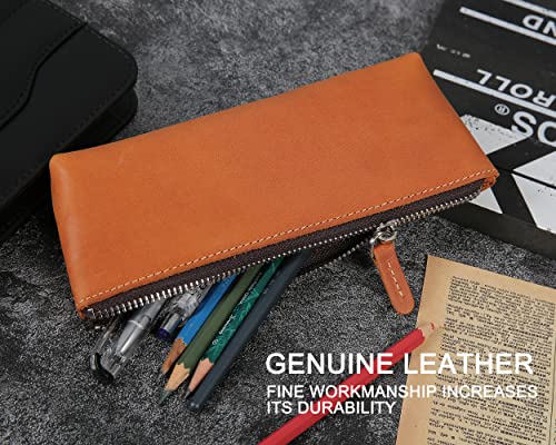 Image of Genuine Leather Pen Pouch - Elegant Handcrafted Zipper Pencil Case, Small Coin Purse, Money Bag, and Makeup Case