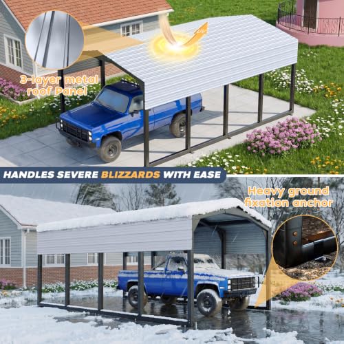 Image of Military-Grade Metal Carport 12x20 FT, Heavy- Duty Galvanized Steel Roof | 2x2 inch Steel Poles with Powder Coating, 17-Gauge Walls,100 PSF Snow Load Roof, Hurricane Resistant, Pickup, Truck, Ash Gray
