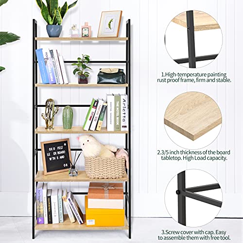 Springsun 5 Tier Bookshelf Industrial Ladder Shelf Open Display Storage Rack Wood Bookcase With Metal Frame, Freestanding Storage Shelves For Home Office, Living Room, Bedroom, Kitchen #TOP6