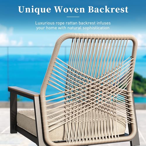 Image of 5 Pieces Patio Dining Set, 4 x Woven Rattan Chairs with Waterproof Cushion, 42 inch Metal Round Dining Table with Umbrella Hole, Outdoor Table and Chairs Set for Backyard Lawn and Deck, Beige