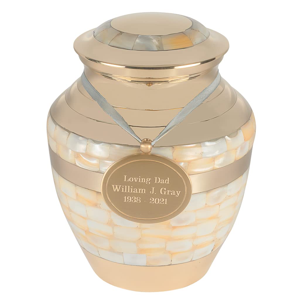 Custom Engraved Mother of Pearl Double Band Medium Brass Cremation Urn for Ashes, Gold Urn, Medium Sized Cremation Urn, 8 Inches High