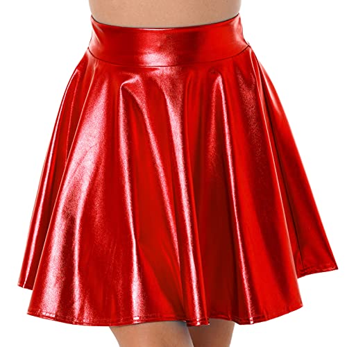 IEFIEL Mini Jupe Métallisée Femme Wetlook Jupe Courte Évasée Simili Cuir Jupe Plissée Danse Bal Disco Fête Jupette Patineuse de Nuit Costume Clubwear Rouge XL