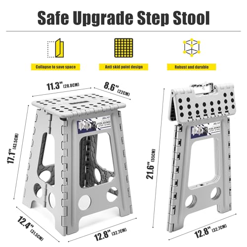 Image of Delxo Folding Step Stool 17.5 Inch,Heavy Duty Step Stools for Adults,Non Slip Folding Stool with Handle,Premium Portable Foldable Step Stool for Kitchen Bathroom Bedroom Up to 400LBS,(Grey,1PC)