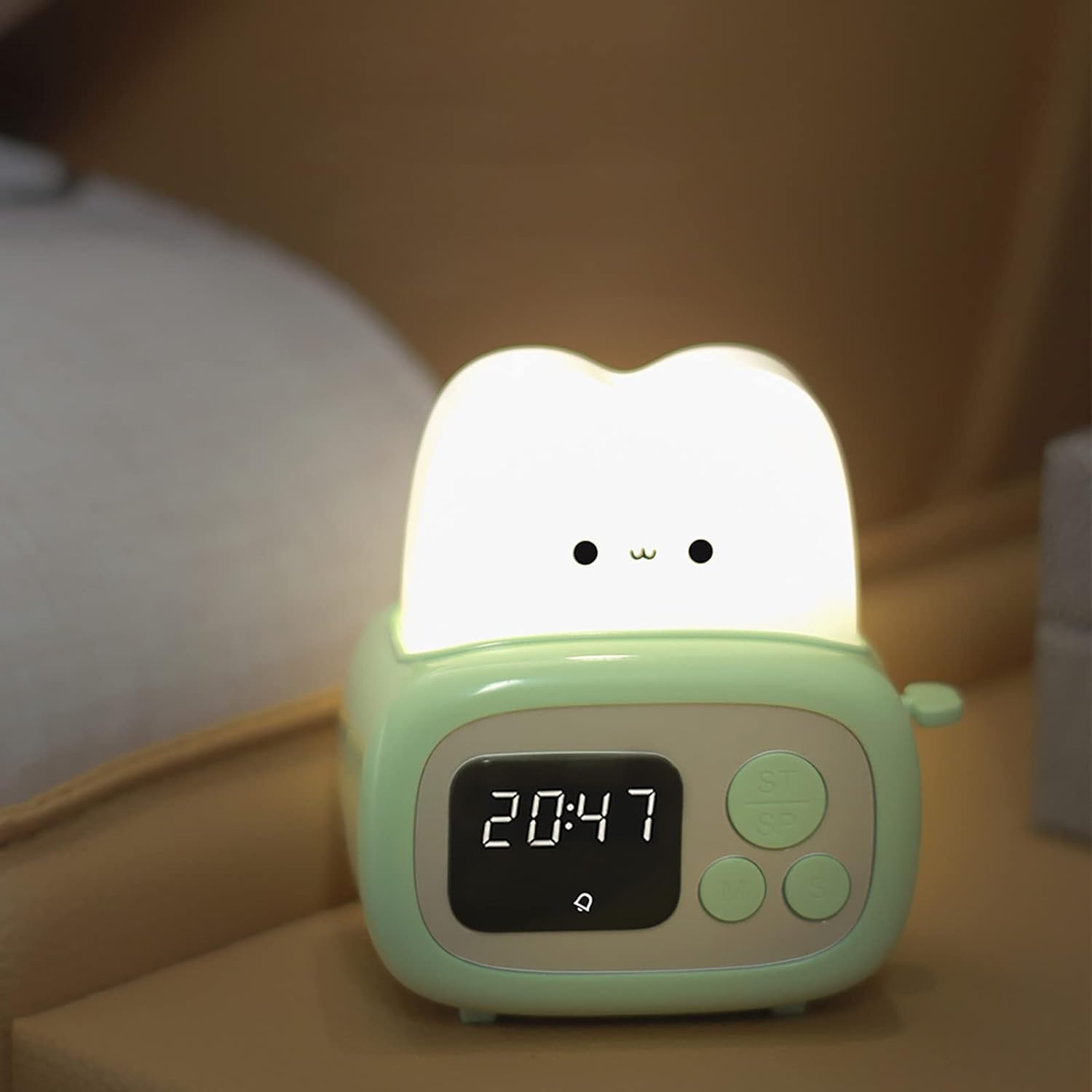 Einzigartig Multifunktions-Nachtlicht, niedlicher Kinderwecker, Nachttischlampe, wiederaufladbar, Smiley-Gesicht, Toast, Nachttischlampe Nachtlicht