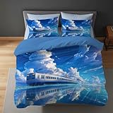 Generisch Zug Bettwäsche 220 X 240 cm, Mikrofaser, Himmel Anime Bequem Bettbezug + 2 Kissenbezug 80x80, Blau Ultraweich Deckenbezug Wendebettwäsche, für Teenager, Mikrofaser 3‑teilig