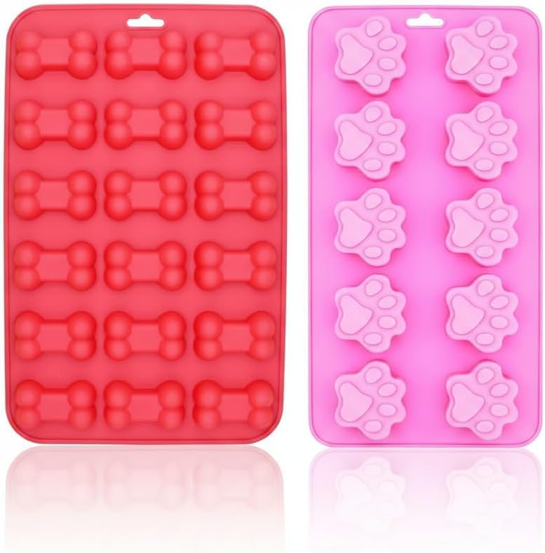 Dog Treat Mold Silicone 2 Pack Paw Print and Bone Silicone Molds for Homemade Dog Treats Frozen Puppy Treats Dog Ice Cream Chocolate Gummies Candy Ice Cubes BPA Free Easy Release Pet Mold
