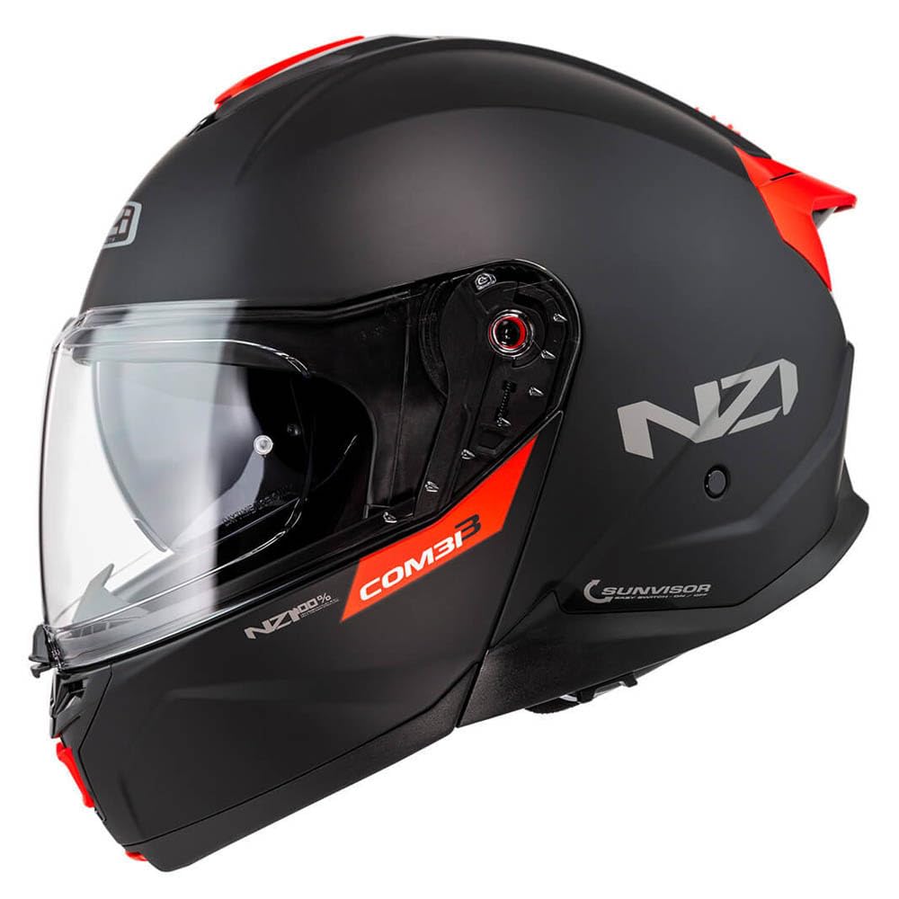 NZI Combi 3 Duo Nouveau Negro Rojo Mate - Casco de Moto Modular Abatible con Visor Solar - Unisex Hombre y Mujer - Homologado P/J ECE 22.06