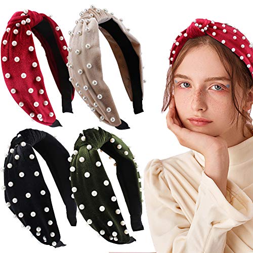 Amcami Women Headbands Pearl Velvet Knotted Turban Headband Wide Vintage Twisted Faux Pearl Beading Hairband Fashion Elastic Hair Accessories for Women and Girls,4 Colors