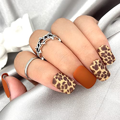 KRISNICE Press On Nails Short Square, 30pcs Fake Nails Petite Pure Fit Leopard Print Acrylic Nails with Nail Glue for Women and Girls Gel Nail Kit(KCD009)