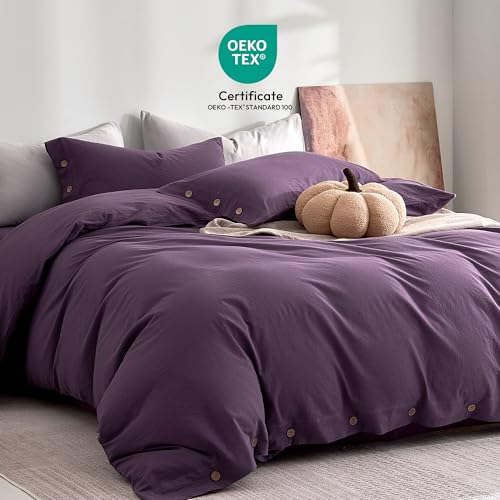 Image of JELLYMONI 100% Washed Cotton Duvet Cover Twin - Soft, Breathable Linen-Look Bedding with Natural Wrinkle Texture, Button Closure, 2-Piece Set (Iris Purple, 68 inchx90 inch)
