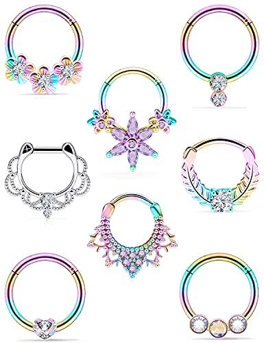 Septum Nose Rings Daith Earrings 16g Clicker Piercing Jewelry Hypoallergenic Rainbow Rose Gold Surgical Steel for Women Men