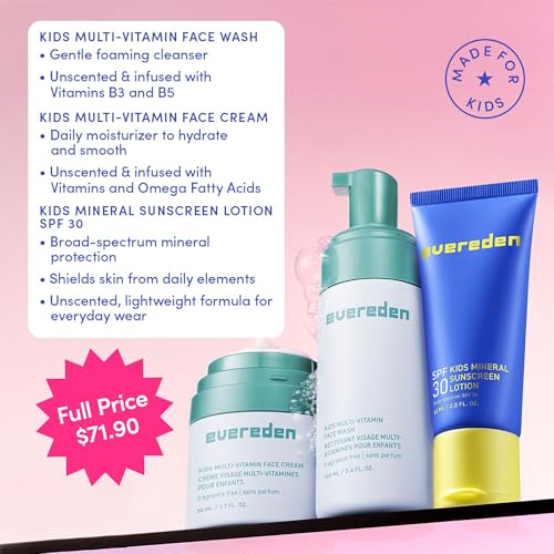 Image of Evereden Kids Face Wash, Cream & SPF 30, Unscented Kids Skincare, Age 4+ | Dermatologist-Tested Skin Care for Kids | Face Wash, Cream & Mineral SPF 30 | EWG Verified, No Phenoxyethanol, Fragrance-Free