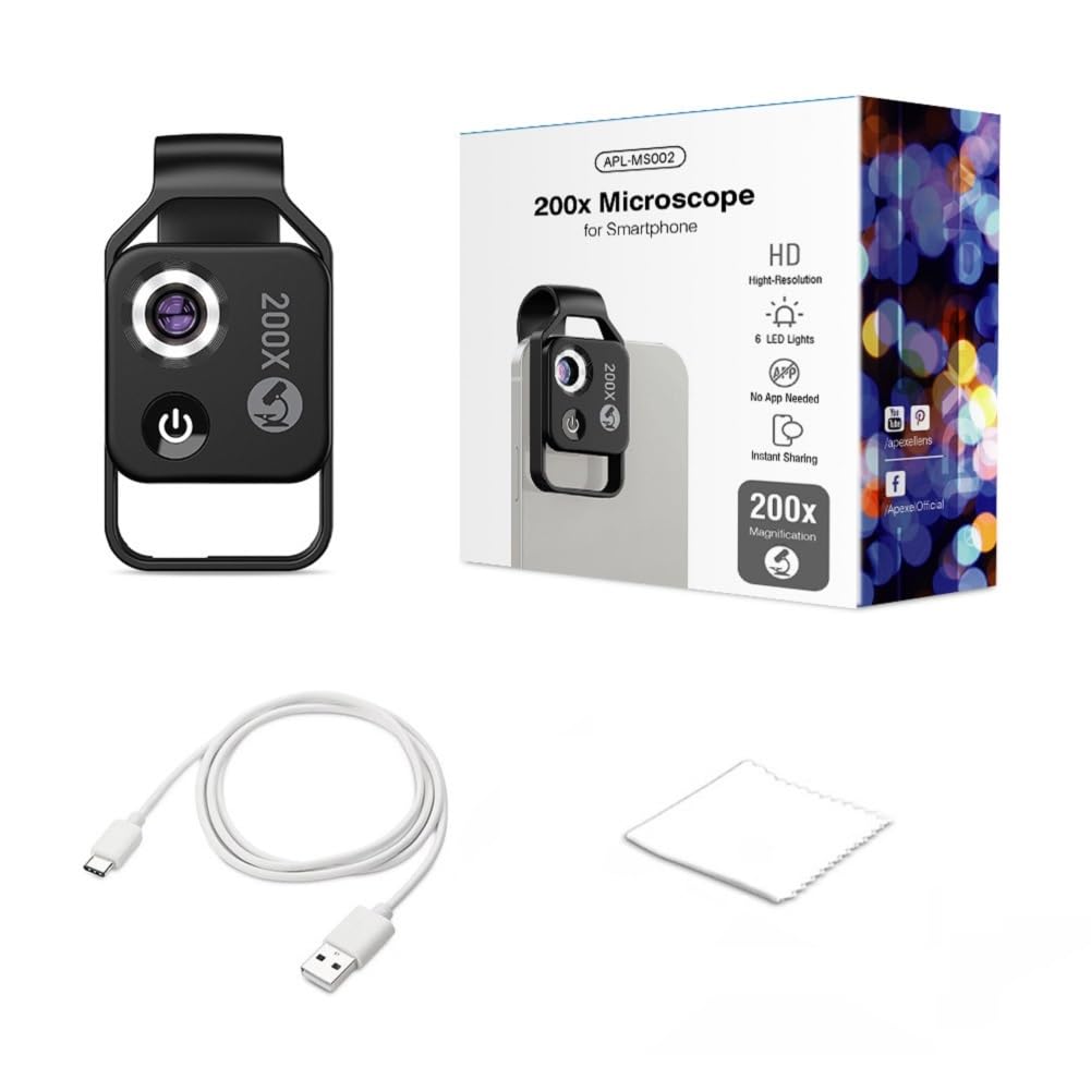BIGFOX Microscopio de Teléfono con Luz LED, Portátil Microscopio HD 200X con Filtro CPL e Clip Universal para 99% Smartphone Niños y Adultos Exploran el Microcosmos(Plata)
