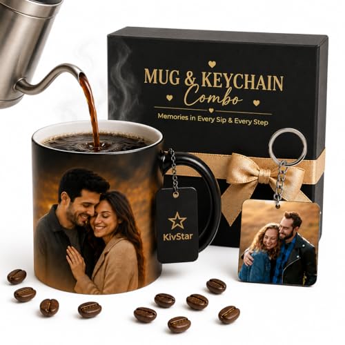 Image of KivStar Customized Photo & Quote Reveal Mug - Black Magic Coffee Cup (325ml) - Ideal Surprise Gift for Him /Her on Birthday & Engagement 01 (Combo-02)