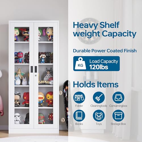 PEUKC Display Cabinet with Glass Doors, Curio Cabinets with 4 Adjustable Shelves, Locking Glass Cabinet Display Case for Home, Office, Clinic, Pantry, Assemble Required, White - Thumbnail 6