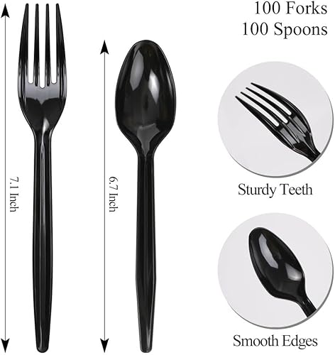 Miniatura 4 de Juego de 200 tenedores y cucharas de plástico, vajilla desechable de 7.1 pulgadas, color negro, resistente, tamaño completo, utensilios duraderos