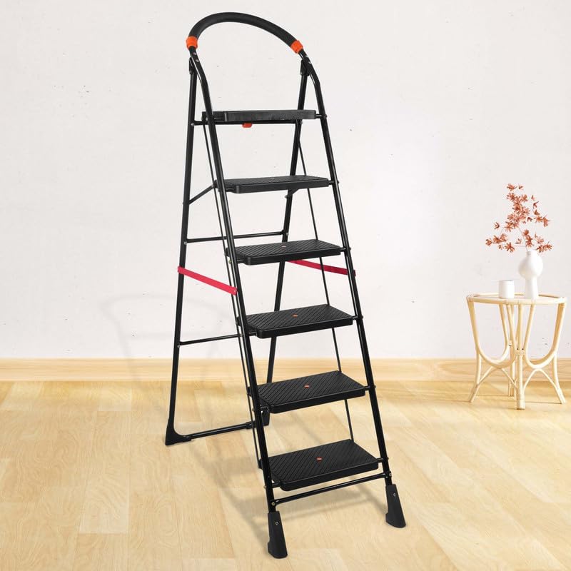 Image of TNT THE NEXT TREND Carbon Steel Cameo 6 Step Heavy Duty Foldable Step Ladder With Anti-Skid Shoes And Extra Strong Wide Steps (Black)