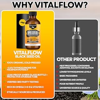 VITALFLOW Organic Black Seed Oil 240ml | 100% Pure and Natural Cold Pressed | Ultra High Thymoquinone Content | For Health, Hair, Nails, Skin, Joints | Black Cumin Seed Nigella Sativa Oil