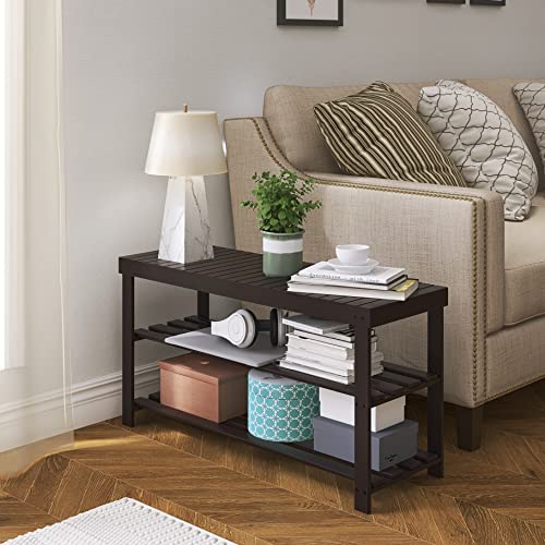 رف تخزين أحذية متين بتصميم مقعد من البامبو، رف تخزين ومنظم أحذية من 3 مستويات للمدخل والصالة والحمام وغرفة المعيشة من سميباي، بلون بني غامق