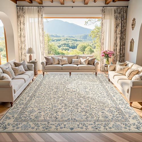 jinchan Floral 8x10 Area Rug Soft Ultra-Thin Low-Pile Living Room Rug Machine Washable Non-Slip Vintage Botanical Aesthetic Throw Carpet for Dining Room Bedroom Nursery Blue/Cream