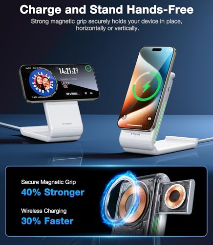 Image of TORRAS 3 in 1 Charging Station with MagSafe Charger Stand, Cooling 15W Max Fast Charging, Foldable Wireless Charger for iPhone 15 /14 /13 /12, Apple Watch S1-8 /Ultra, AirPods(30W USB-C Charger Included)
