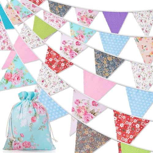 Orifinter 45.9ft Fabric Bunting 46 Flags Vintage Bunting Banner + Drawstring Bag Mothers Day Bunting Flags Reusable Floral Bunting for Easter Afternoon Tea Outdoor Birthday Garden Party