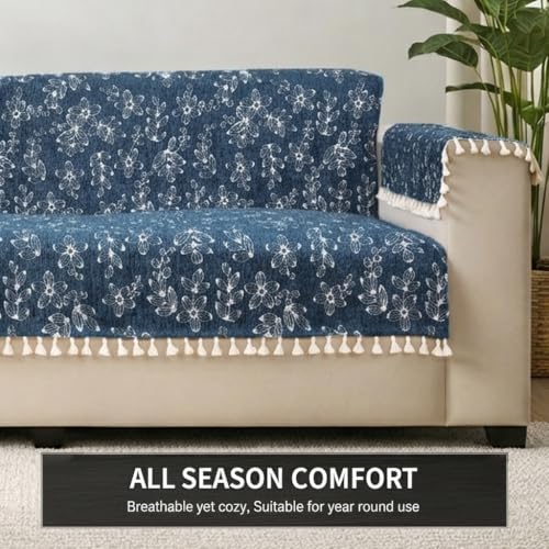 Image of STITCHNEST Woven Fabric Sofa Cover 2 Seater with 2 Hand Rest Covers - Washable Blue Sofa Cover with Tassels - Durable Premium Fabric - Stylish Sofa Protector for Living Room & Furniture Decor