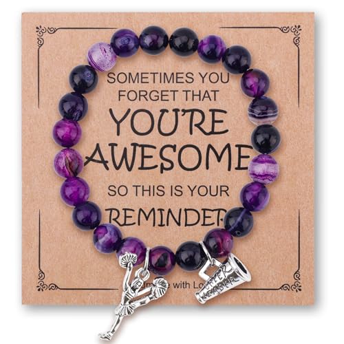 Cheer Bracelet, Purple Agate Smooth Cheerleading Beaded Bracelet Charming Mysterious Cheerleader Gifts with Encouragement Card Cheer Stuff with Cheerleader Pendant for Cheering Squad