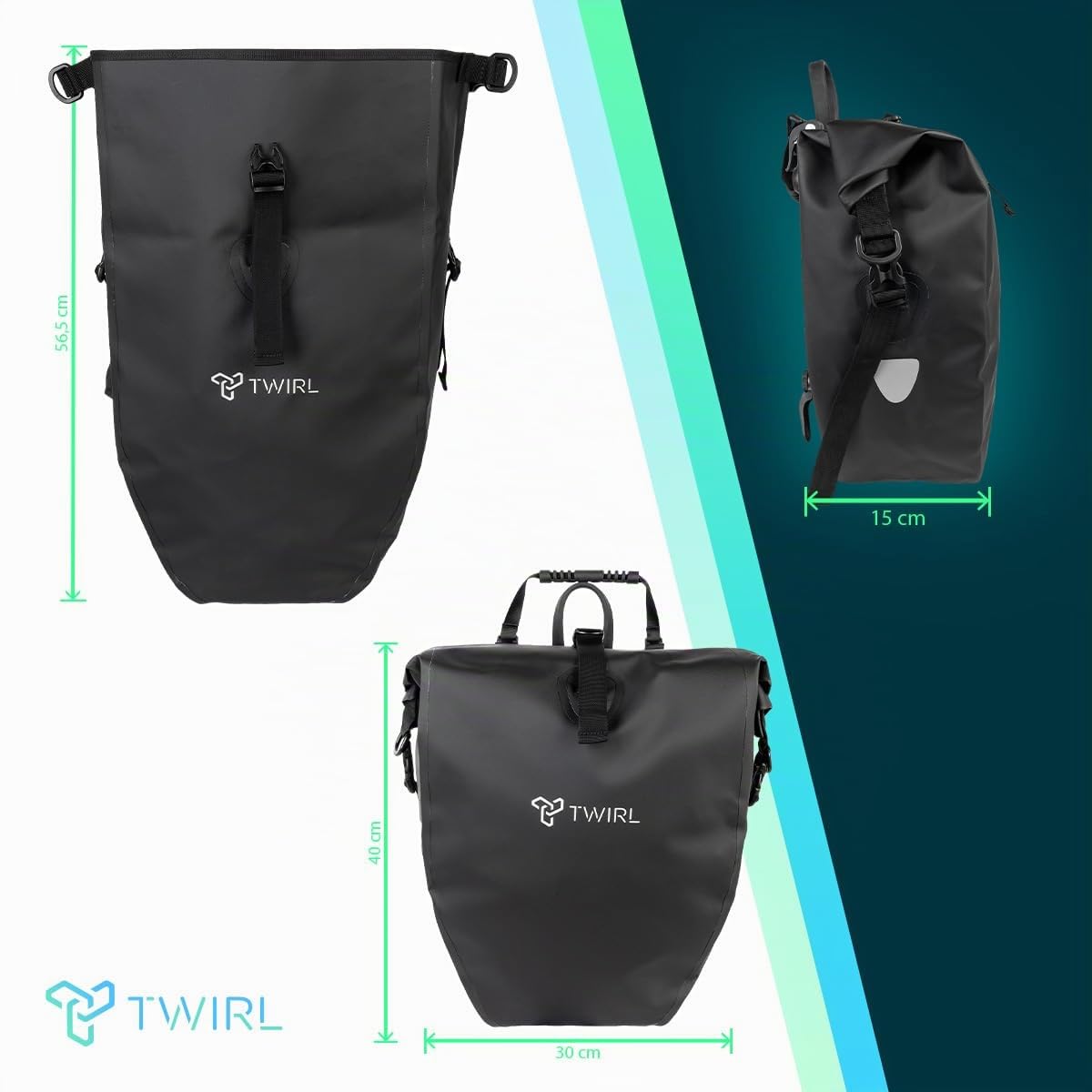 Twirl Fahrradtaschen Set für Gepäckträger, 2X 22 Liter, mit Tragegriff, Schultergurt und herausnehmbarer kleinen Innentasche, Gepäckträgertasche, Fahrrad Tasche hinten, schwarz