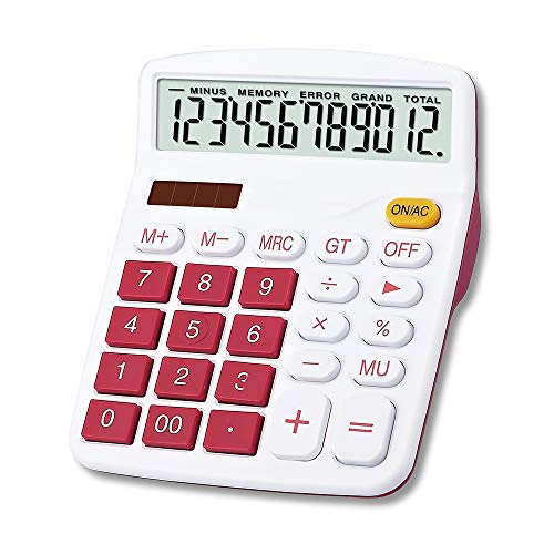 Meichoon Desktop Calculator Solar Battery Dual Power, 12 Digit Large LCD Display Financial Dedicated Calculator Large Standard Function Desktop Business Calculator for Office/Home/School KA08 Red