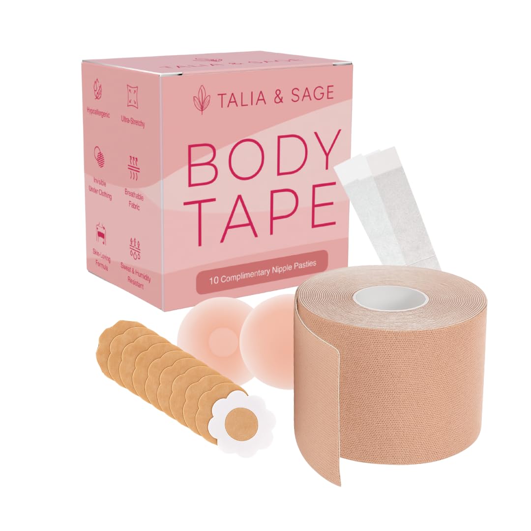 Body Tape Kit | Includes 10 Cotton Nipple Pasties, 2 Reusable Silicone Pasties & Fashion Tapes | Breathable, Stretchy & Sweat-Proof Beige