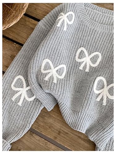 Image of BEAUDRM Girl's Cute Bow Sweater Crew Neck Long Sleeve Drop Shoulder Loose Pullover Tops