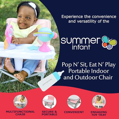 Image of Summer Infant Pop 'N Sit Eat 'N Play (Pink) Baby Pop Up Chair for Meals and Playtime with Removable Tray and Toys, Portable Booster Folds for Travel