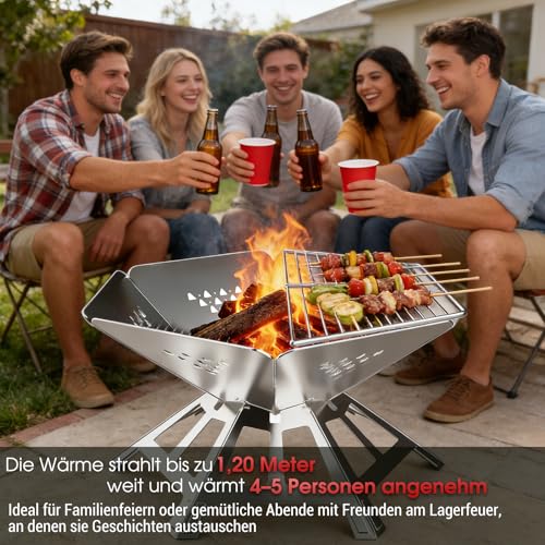 Tragbare Feuerstelle Edelstahl füR Outdoor Den Garten Camping,Dreibein füR Feuerschale Faltbar Mit Grill Grillrost,Camping Feuerschale füR Mit Grillplatte Schaschlikgrill Picknick,Grill AktivitäTen