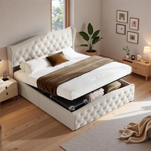 LIVLUX Lit Coffre 160x200 avec Sommier,Lit Double rembourré avec hydraulique Rangement et Tête de...