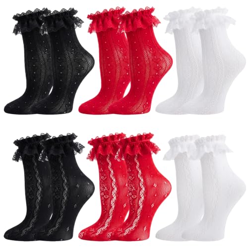 Image of Jspupifip 6 Pairs Lace Ruffle Frilly Crew Socks for Women Girls | Cotton Breathable Cute Princess Ankle Dress Lace Socks Thin Cool Casual Socks