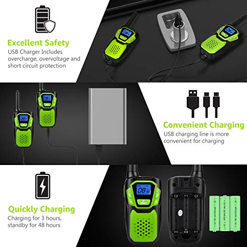 Topsung-Walkie-Talkies-Rechargeable-4-Pack-Easy-to-Use-Long-Range-Walky-Talky-for-Adult-Handheld-Two-Way-Radio-with-NOAA-for-Hiking-Camping-OrangeBlueGreenSilver-with-Micro-USB-ChargerBattery