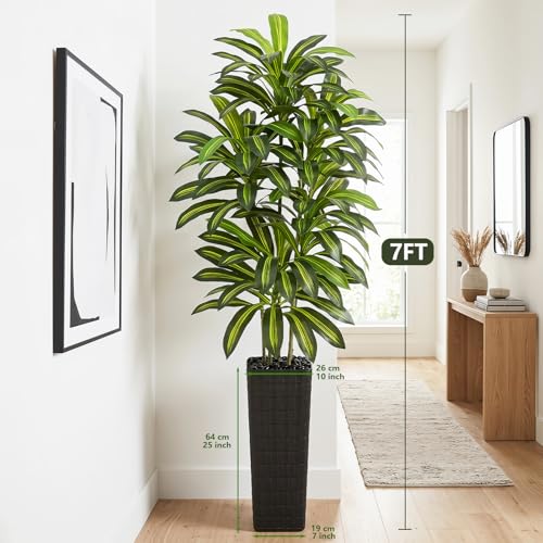 Image of Artificial Dracaena Tree Indoor, 7FT Tall Fake Floor Plants with Black Planter & Pebbles, Faux Silk Yucca Tree for Home Office Living Room Bedroom Farmhouse Modern Outdoor Topiary Tree
