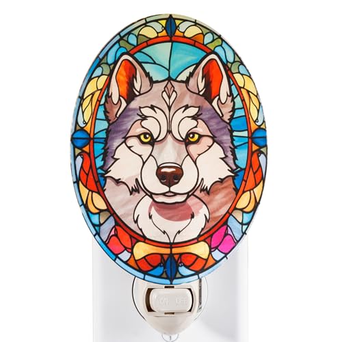 Image of Dog Night Light Husky, Stained Glass Styled Plug-in Wall Nightlight, Bulb Included, Pet Memorial Dog Lover Gift, Bedroom Hallway Bathroom Decor, Manual On /Off Switch