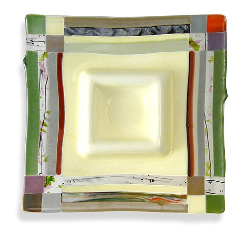 American Made Earth-Tone Fused Glass Chip And Dip Server, 11" Square #TOP1