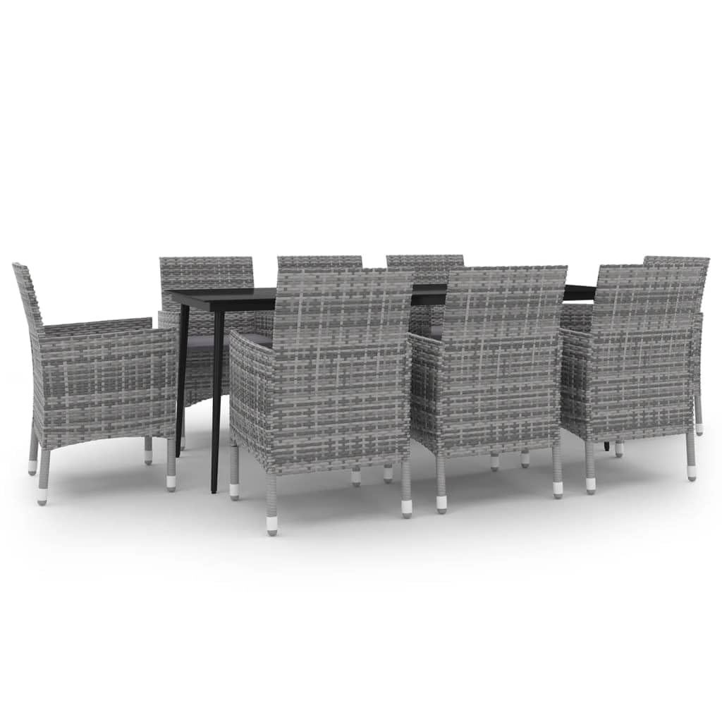 Juego de comedor para patio, 9 piezas con cojines, jardín, terraza, balcón, patio trasero, comedor, mesa y silla, ratán de polietileno y vidrio