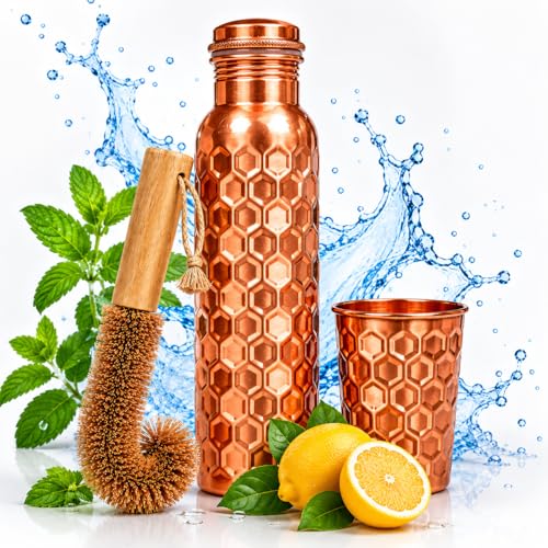Image of 100% Pure Copper Water bottle 32 Oz with Cleaning brush, Diamond Design | Drink More Water, Lower Your Sugar Intake And Enjoy the Health Benefits Immediately,32 Oz(1 Brush +1Bottle+ 1 Glass) Diamond