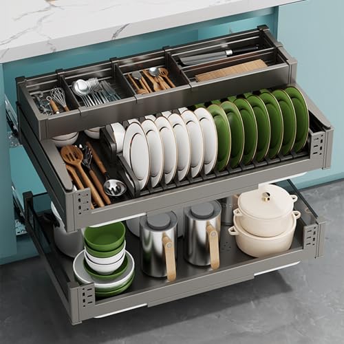 Organizador de armario de cocina con cajones deslizantes, estante de almacenamiento para ollas y cuencos para utensilios de cocina, estantes extraíbles de aluminio con bandeja de captura, color gris