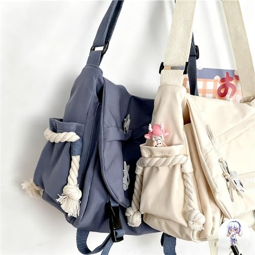 Image of Aesthetic Crossbody Bag with Cute Pins and Ornament, Nylon Shoulder Messenger Bag Japanese Kawaii Bag for Women Men