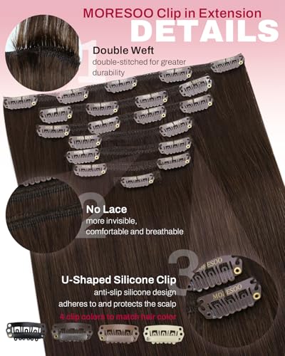 Image of Moresoo Human Hair Clip in Extensions Medium Brown Double Weft Clip in Hair Extensions Human Hair Brown Remy Clip Hair Extensions Real Human Hair Full Head 7pcs /120g 22 Inch
